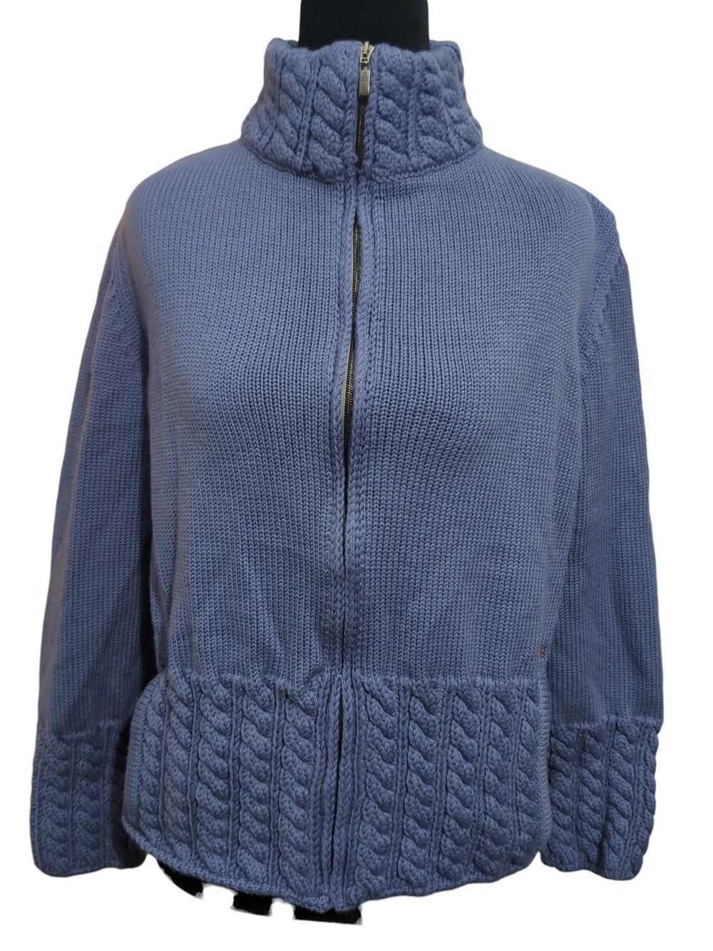 Vtg PostCard by Belfe Italian Merino Wool Full-Zip Cable Knit Sweater L Blue